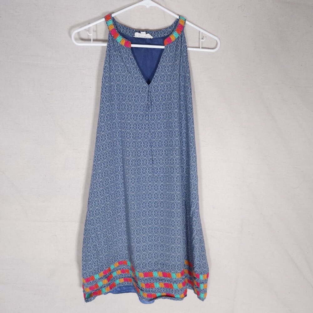 THML Blue White Geometric Print Sleeveless Dress XS Embroidered Trim Lined Boho